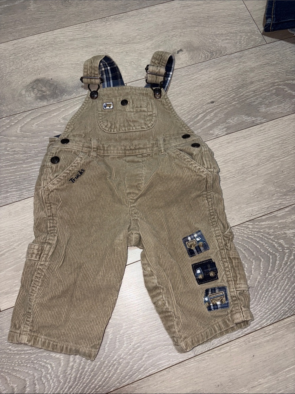 Koala Kids Tan Corduroy Overalls with Plaid Accents